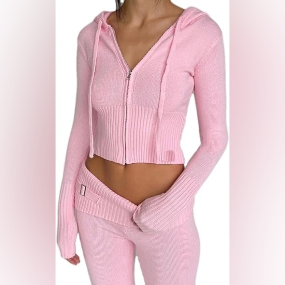 Pink Cropped Zip-Up Hoodie and leggings Set
